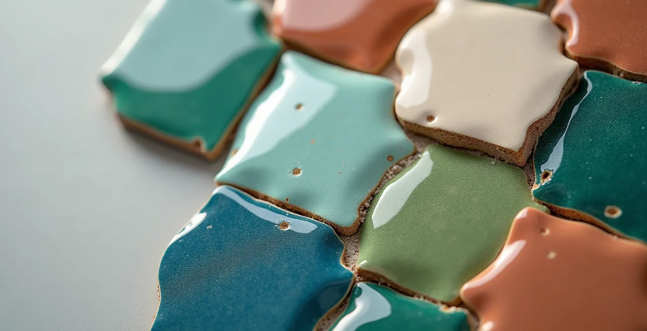 Échantillons de zelliges disposés en éventail montrant différentes teintes et finitions