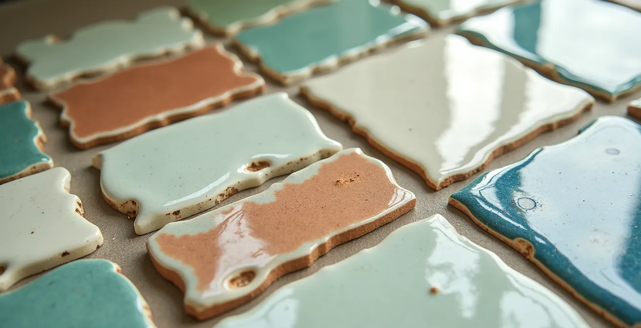 Nuancier de zelliges aux teintes naturelles dans différentes ambiances lumineuses