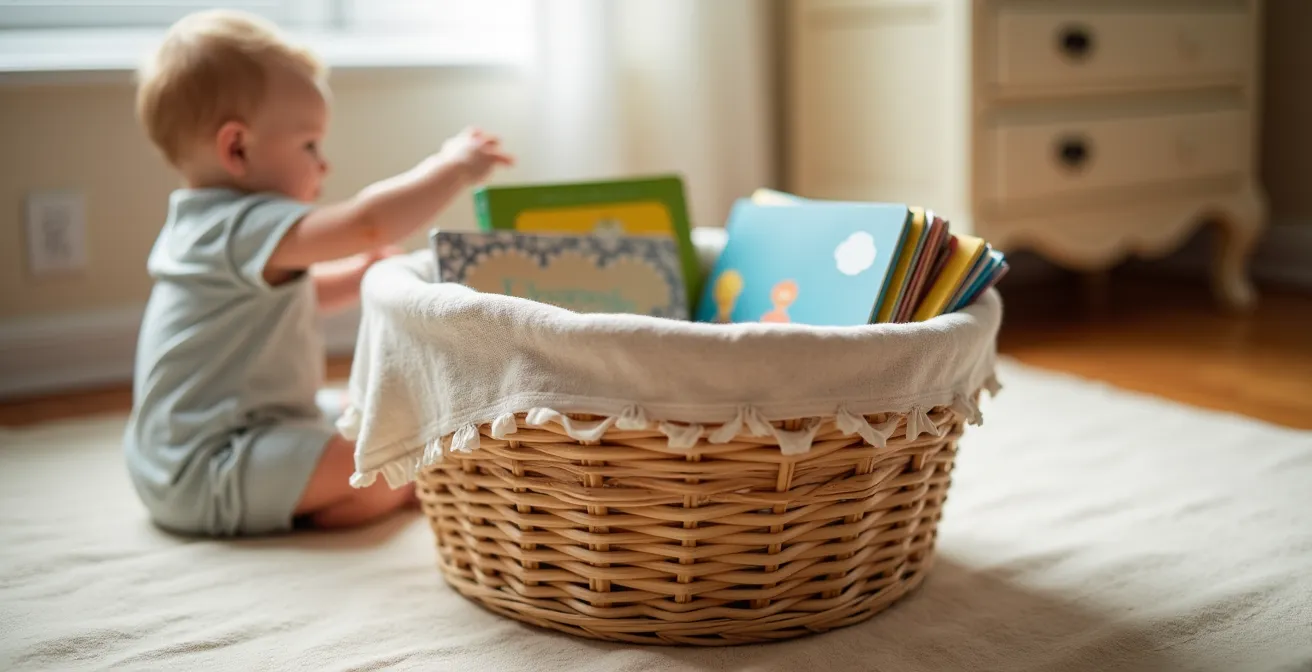 Panier de livres en tissu posé sur un tapis d'éveil près d'un bébé