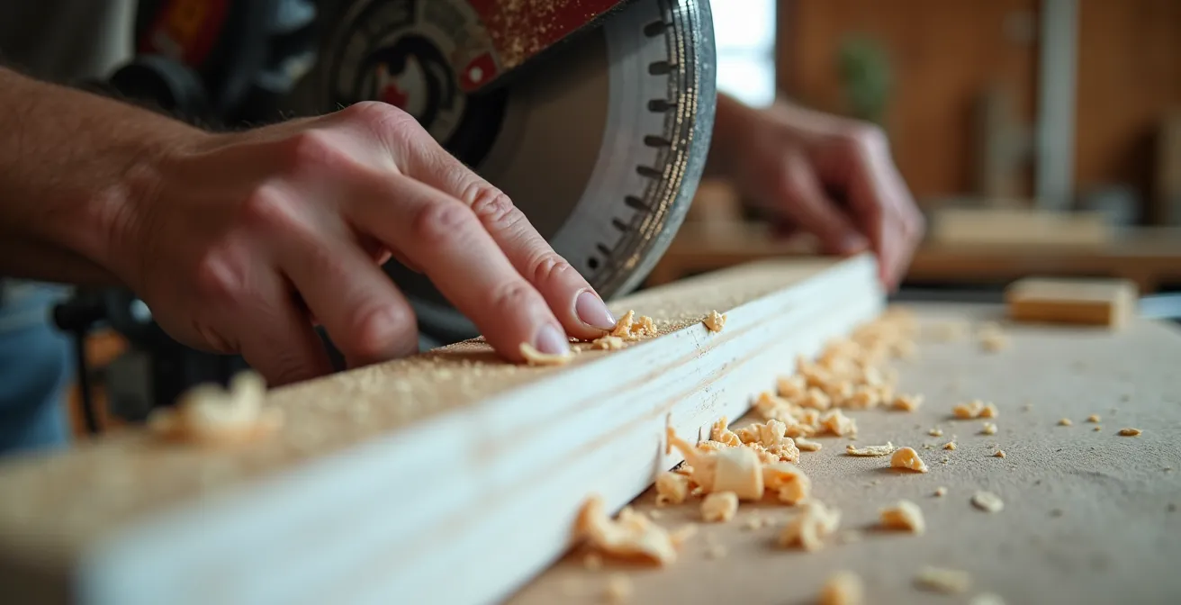 Mains d'artisan utilisant une scie à onglet pour découper une moulure décorative