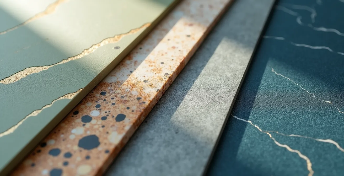 Échantillons de quartz aux finitions mates et velours dans les tons verts sauge et gris chauds tendance 2025