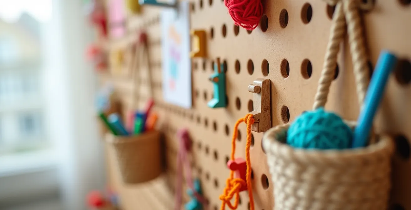 Système de rangement mural pegboard coloré dans une chambre d'enfant