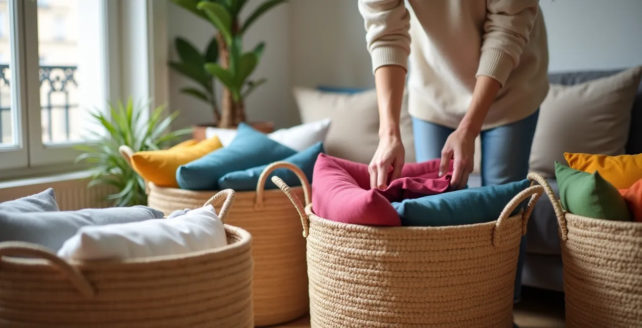 Système de rangement avec paniers tressés XXL pour coussins de sol