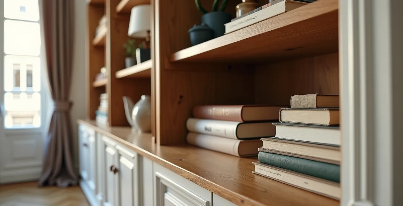 Alcôve d'un appartement haussmannien transformée en bibliothèque sur mesure du sol au plafond