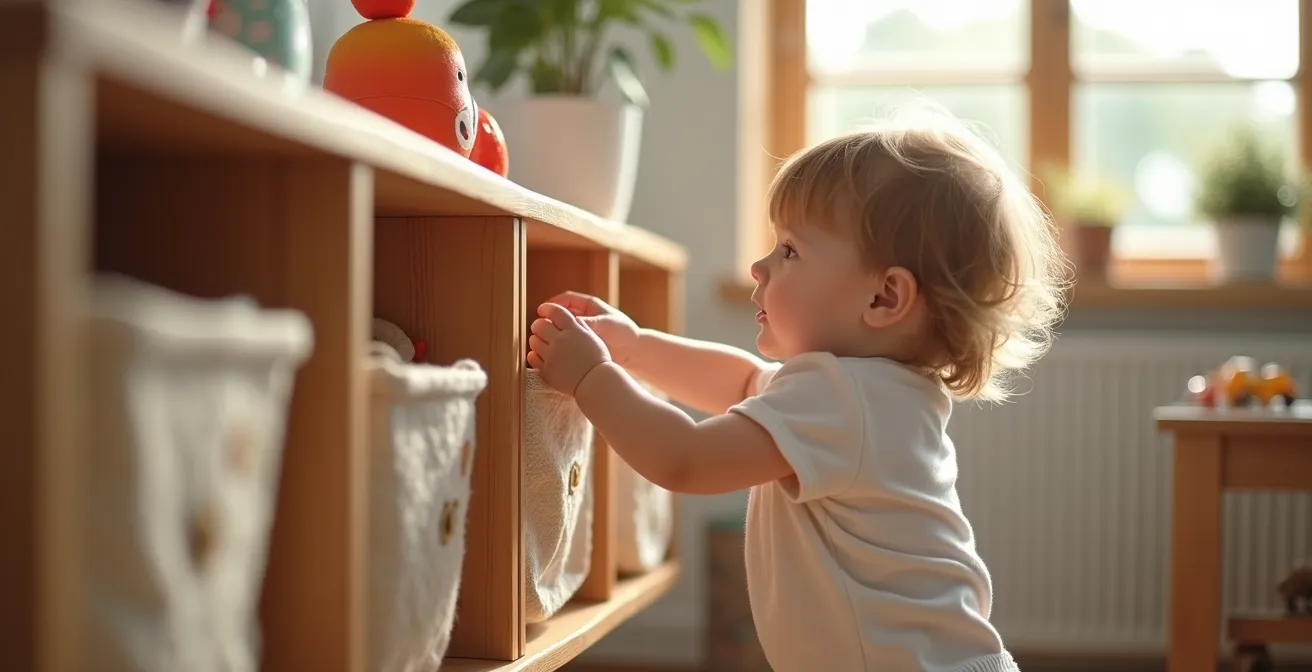 Système de rangement mural bas accessible à un jeune enfant dans une chambre lumineuse