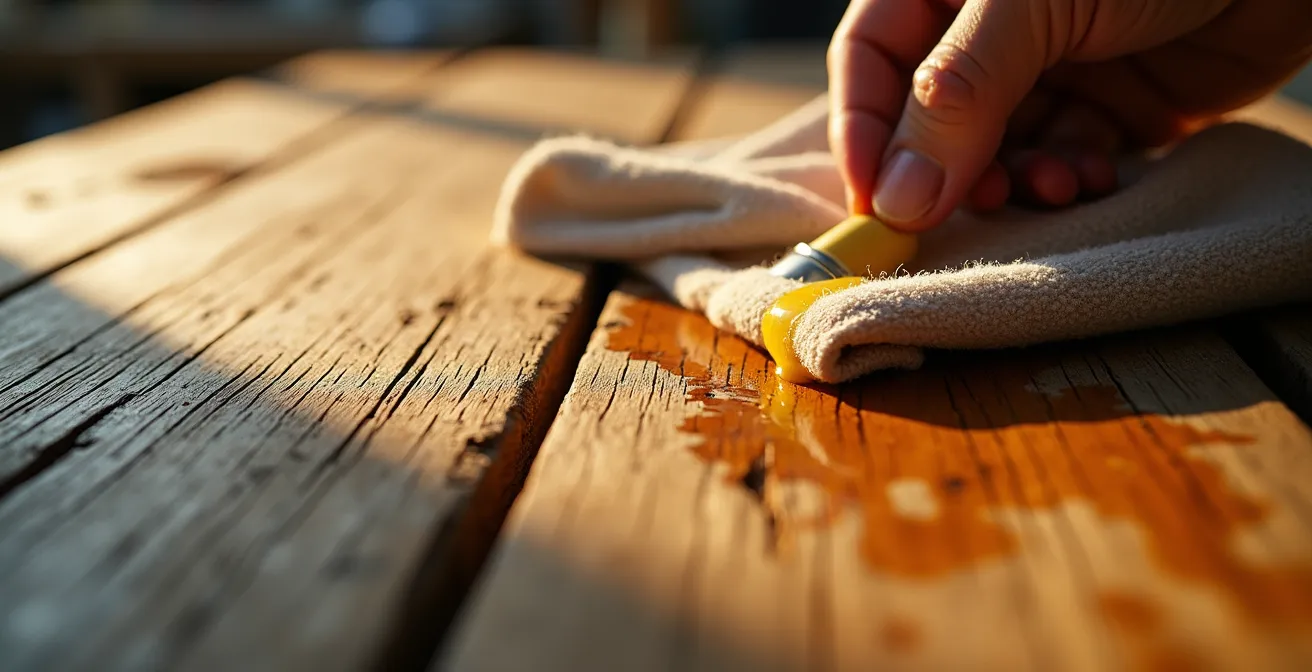Gros plan macro sur des mains appliquant de la cire sur du bois ancien avec texture visible