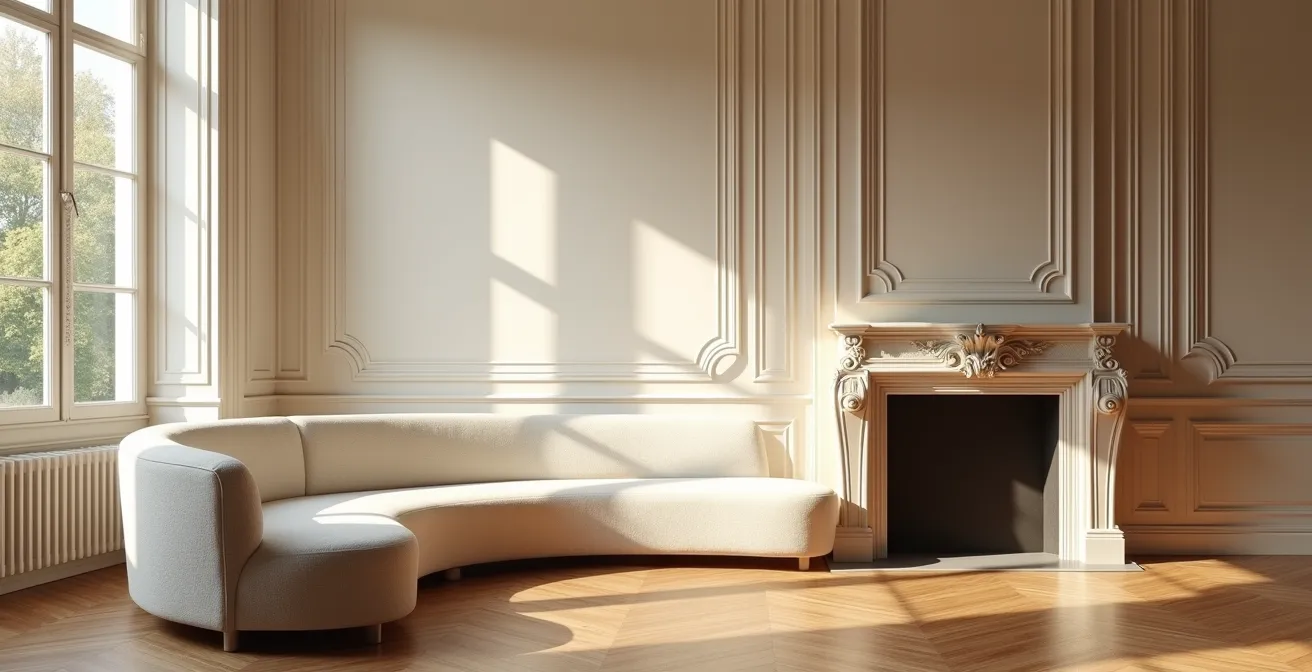 Intégration harmonieuse d'un canapé courbe dans un salon haussmannien avec cheminée et moulures
