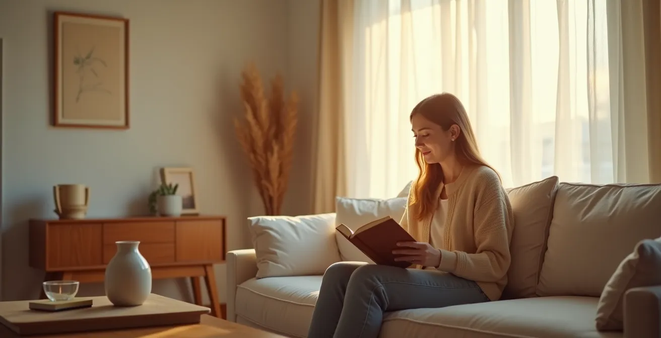 Salon minimaliste avec zones de respiration, un seul grand canapé et surfaces épurées baignées de lumière naturelle