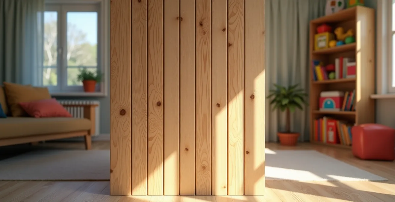 Claustra en bois séparant un coin jeu du salon