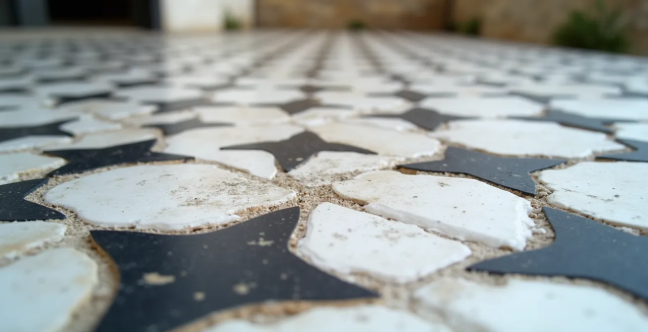 Sol d'entrée avec carreaux de ciment noir et blanc aux motifs géométriques