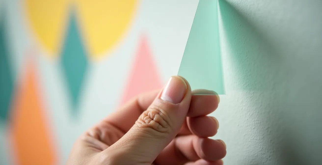 Mains appliquant délicatement un sticker décoratif sur un mur de chambre d'enfant