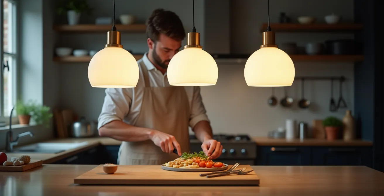 Trois suspensions en opaline alignées au-dessus d'un îlot de cuisine moderne en bois et métal noir