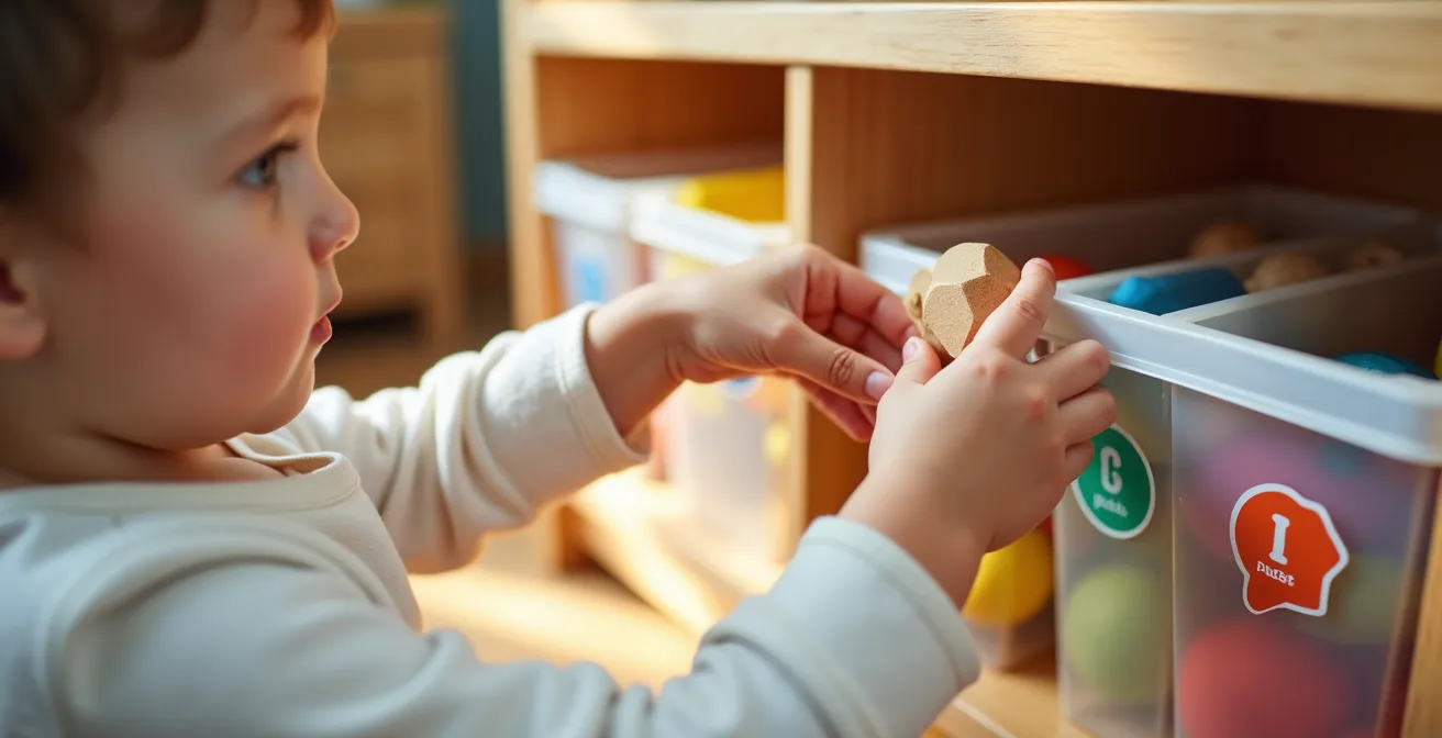 Système de rangement bas avec casiers transparents et étiquettes pictogrammes à hauteur d'enfant dans une chambre lumineuse
