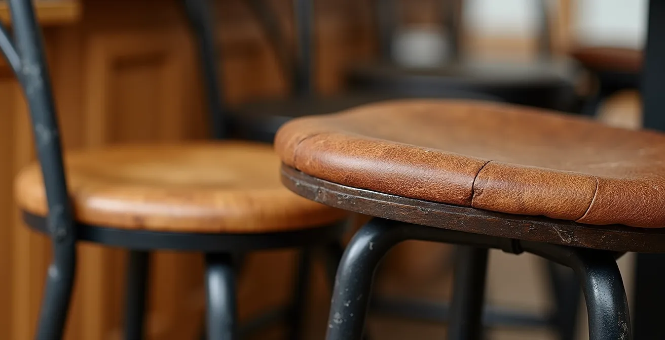 Gros plan sur différents styles de tabourets français autour d'un îlot