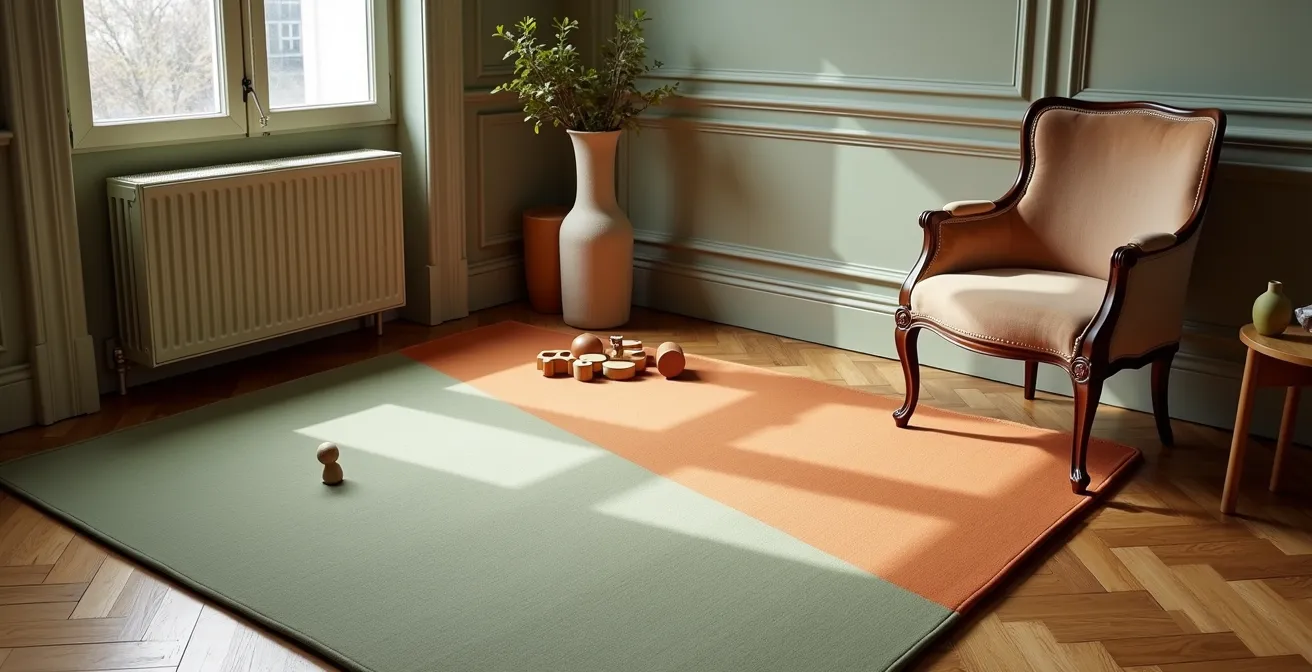 Tapis de jeu design dans un salon parisien avec parquet et moulures