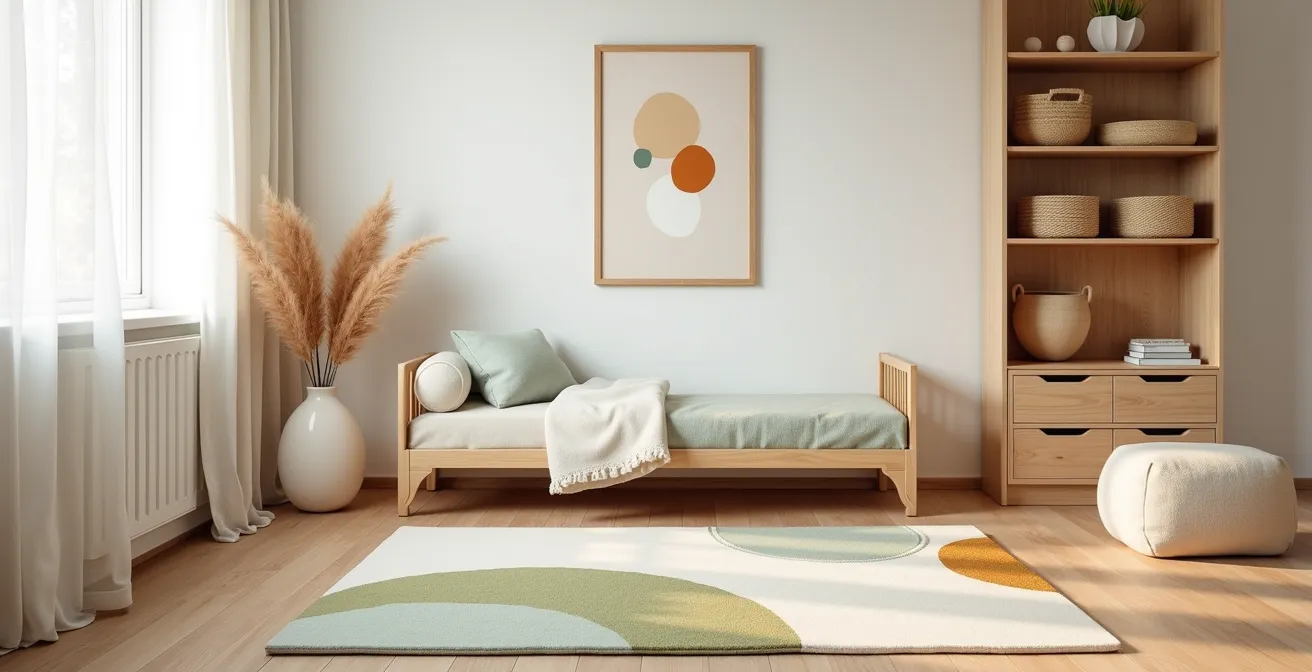 Chambre d'enfant scandinave avec tapis de jeu esthétique intégré à la décoration