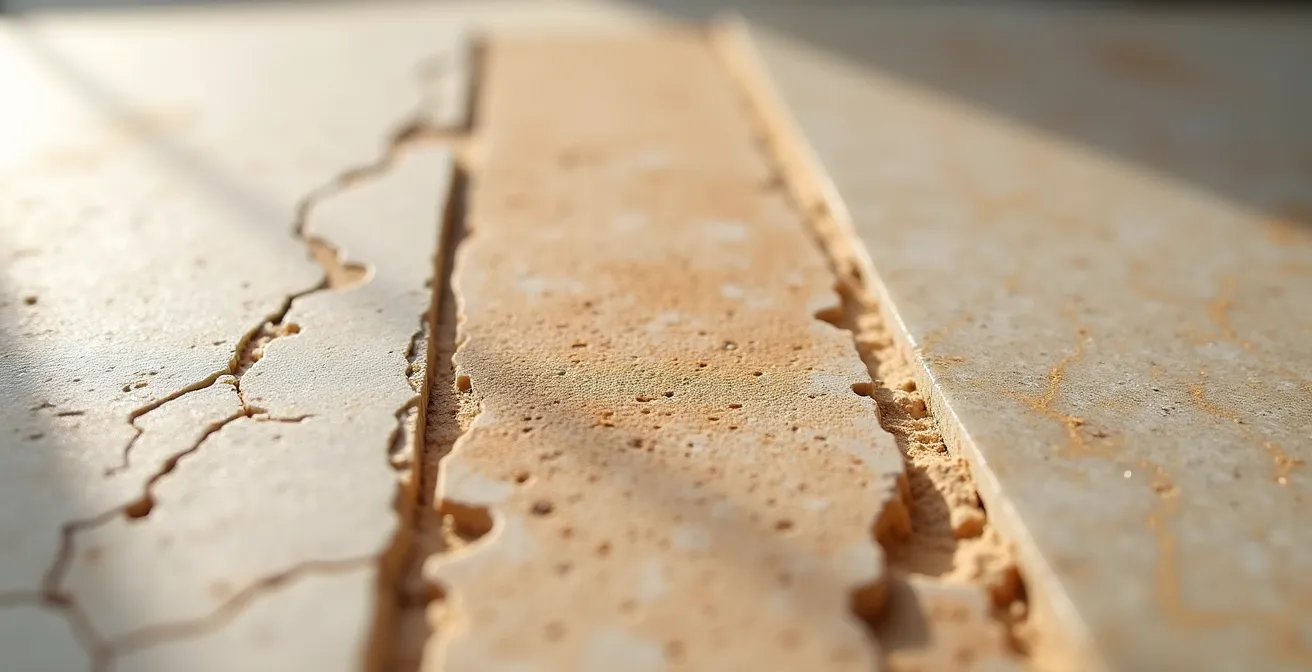 Détail macro de différentes finitions de travertin montrant les textures adoucie, vieillie et bouchardée