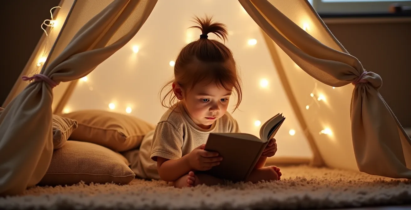 Tipi de lecture aménagé avec coussins et guirlandes lumineuses dans une chambre d'enfant