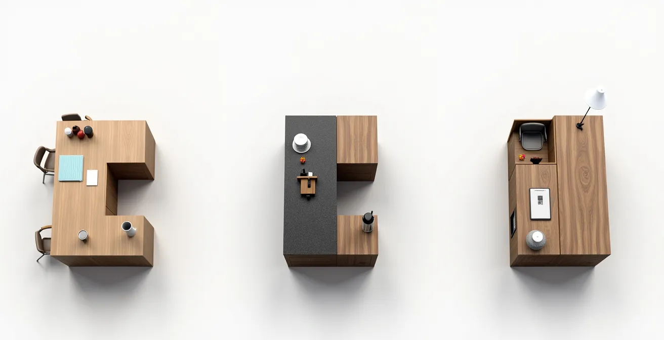 Vue aérienne de trois types d'îlots de cuisine adaptés aux différents modes de vie