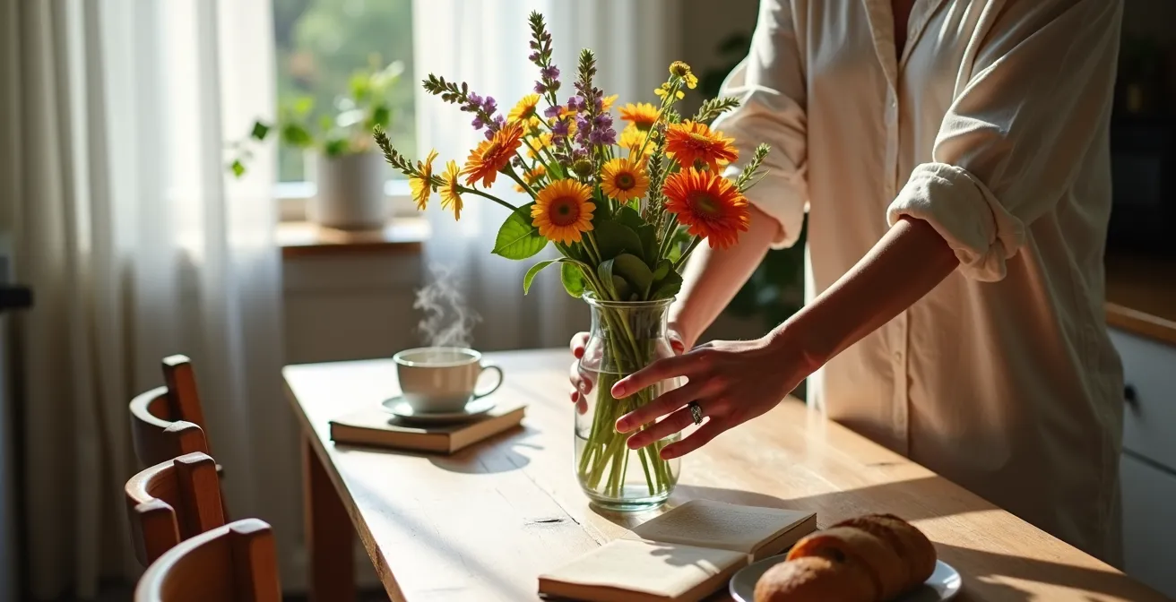 Scène de vie authentique dans une maison française avec fleurs fraîches et objets du quotidien