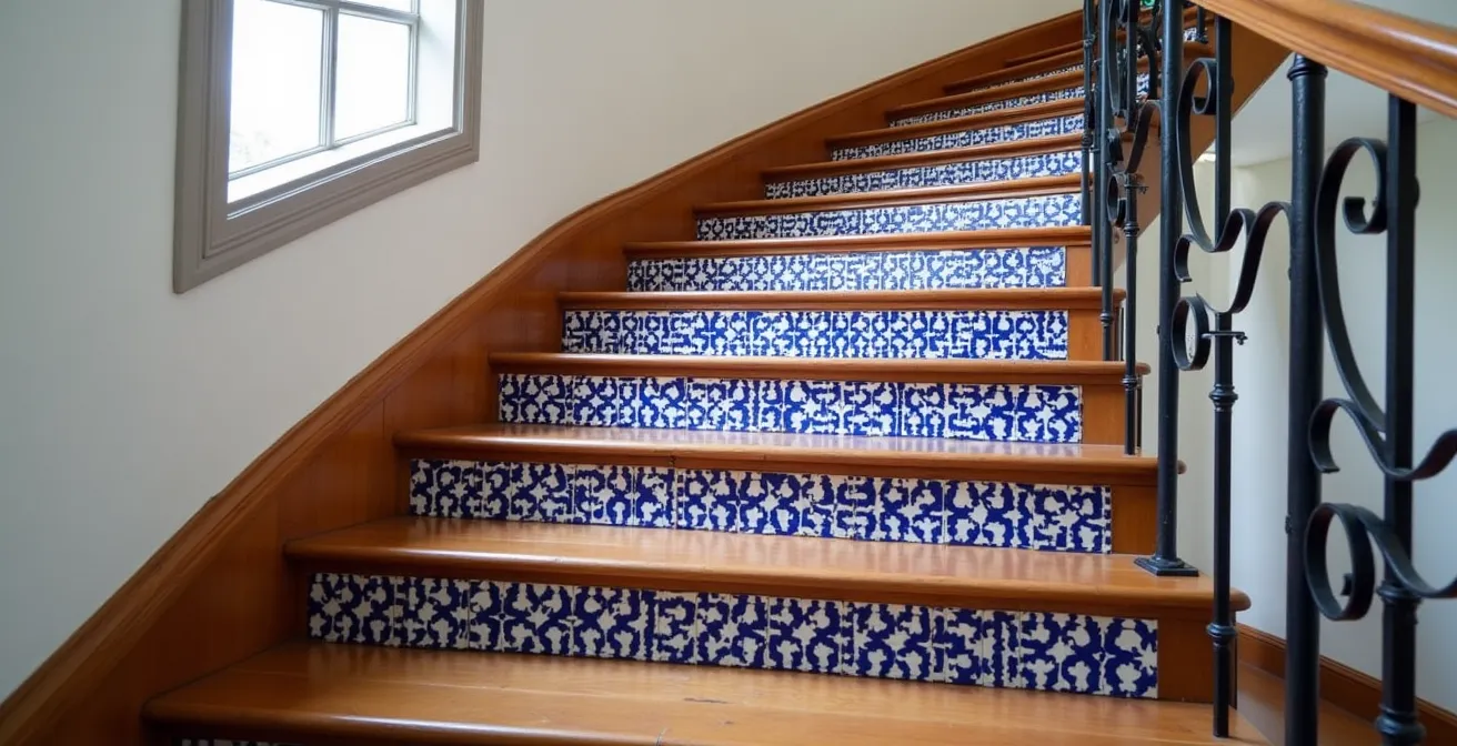 Escalier avec contremarches décorées de zelliges bleus formant un motif géométrique
