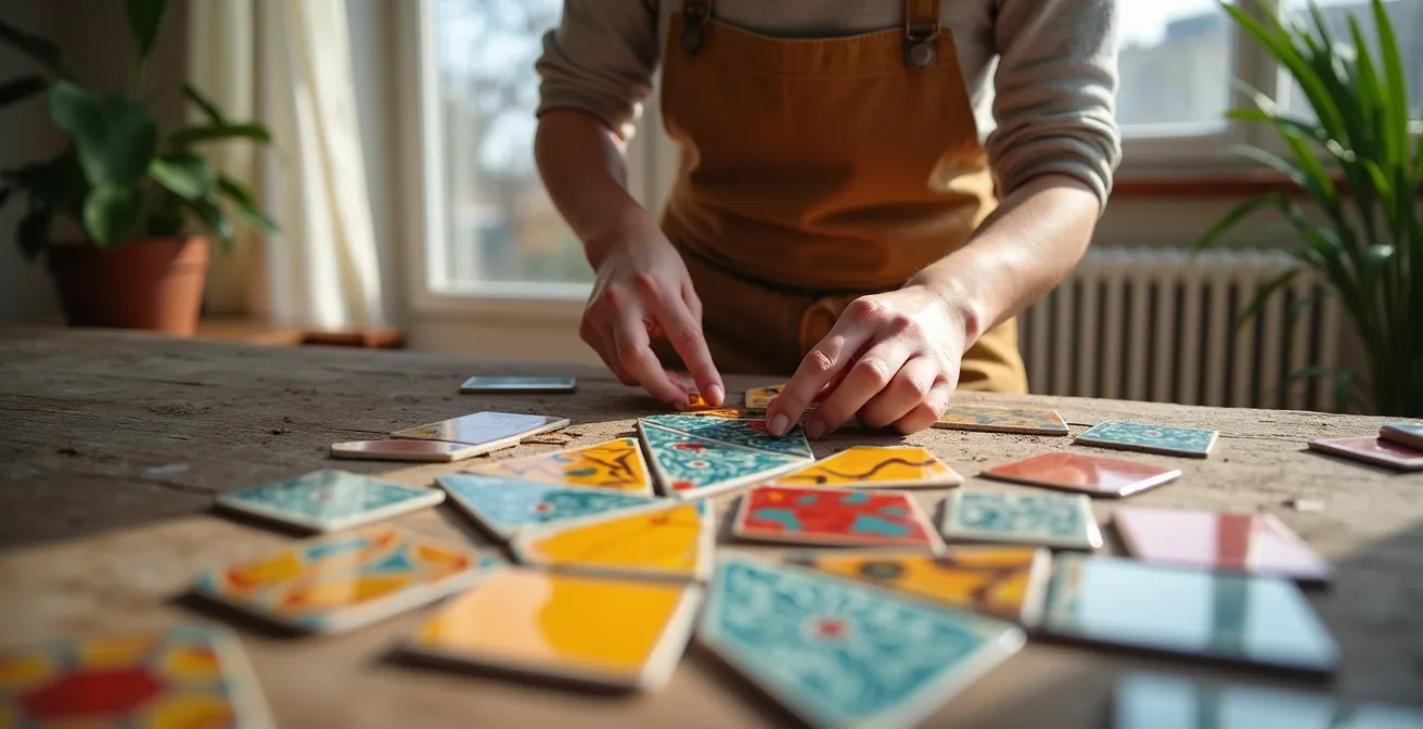 Table basse upcyclée avec plateau recouvert de chutes de zelliges colorés