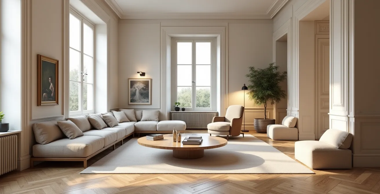 Salon français avec différentes zones d'ambiance délimitées par des éléments architecturaux